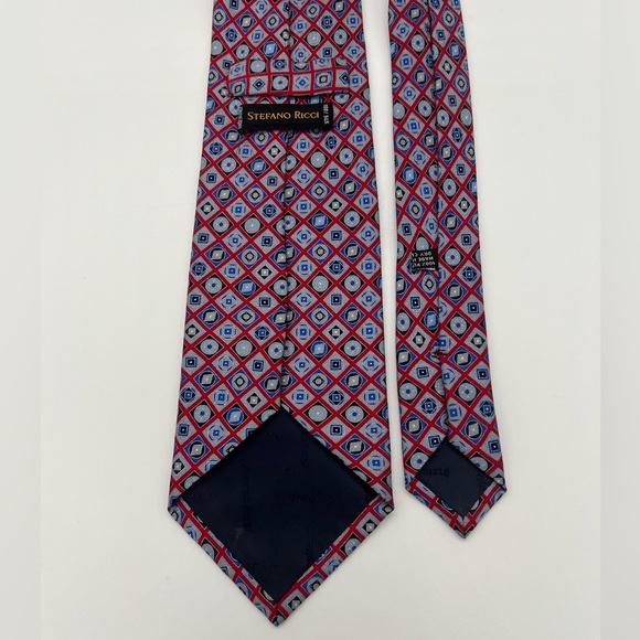 Vintage Stefano Ricci 100% Silk Tie Red Gray Silver Blue Black Geometric Pattern - Picture 3 of 7